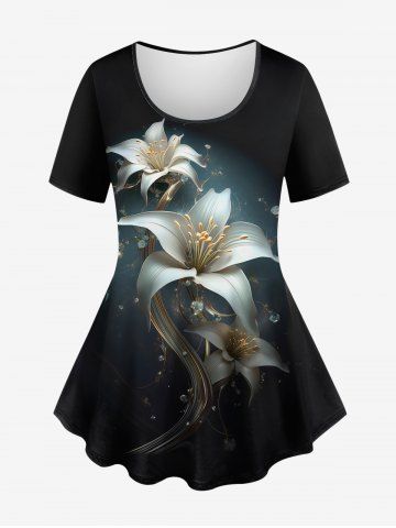 Plus Size Flowers Glitter 3D Print T-shirt - BLACK - 3X