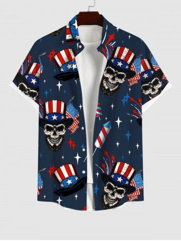 Plus Size Patriotic American Flag Skulls Hat Star Print Buttons Pocket Shirt For Men