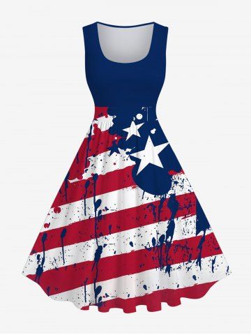 Plus Size Painting Splatter Patriotic American Flag Print 1950s Vintage Swing A Line Dress - MULTI-A - M