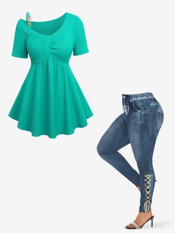 Asymmetric Collar Ribbed Solid Top and 3D Lace-up Ombre Denim Print Leggings Plus Size Outfit - GREEN