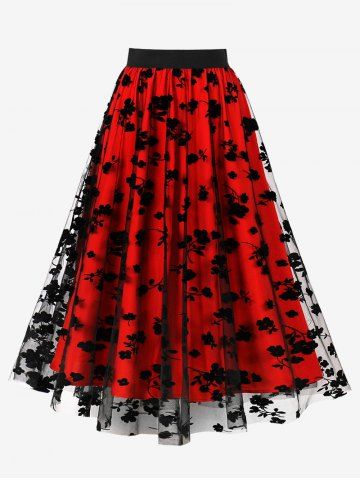 Plus Size Floral Leaf Flocking Mesh Skirt - RED - 1XL