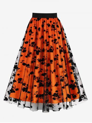 Plus Size Floral Leaf Flocking Mesh Skirt - ORANGE - 1XL