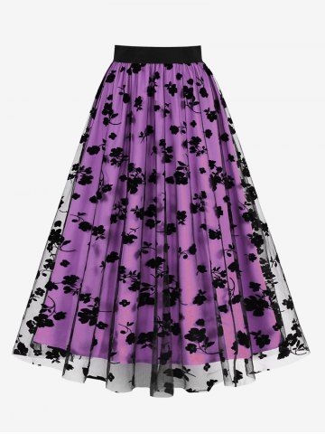 Jupe à Flocage en Maille Motif Feuilles et Fleurs Grande-Taille - PURPLE - 4XL