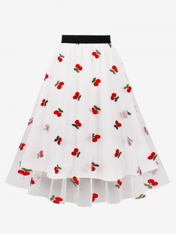 Plus Size Cherry Fruit Leaf Embroidery Mesh Skirt - WHITE - 4XL