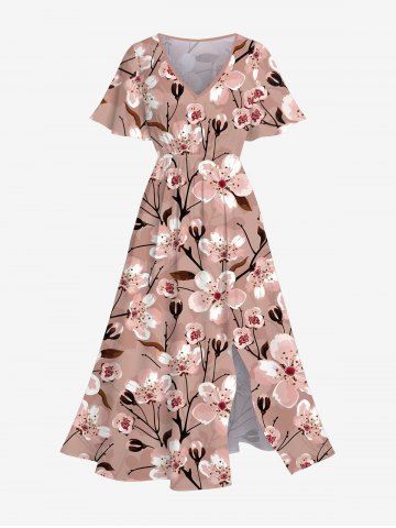 Plus Size Plum Blossoming Flowers Leaf Print Hawaii Split Midi Dress