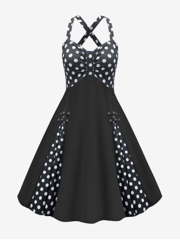 Polka Dots Print Patchwork Ruched Grommets Vintage Dress - BLACK - S