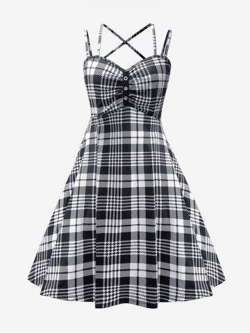 Two Tone Plaid Print Grommets Ruched Crisscross Vintage Dress - BLACK - S