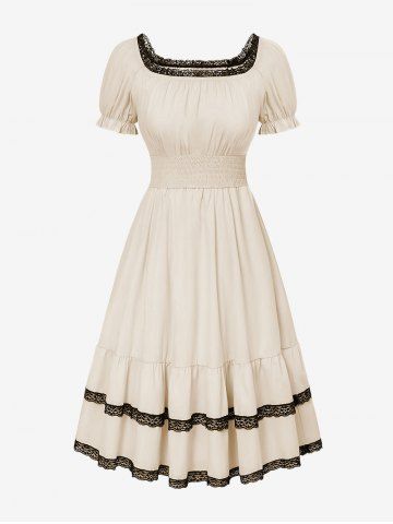 Ruched Panel Elastic Waist Lace Trim Ruffles Vintage Dress - BEIGE - S