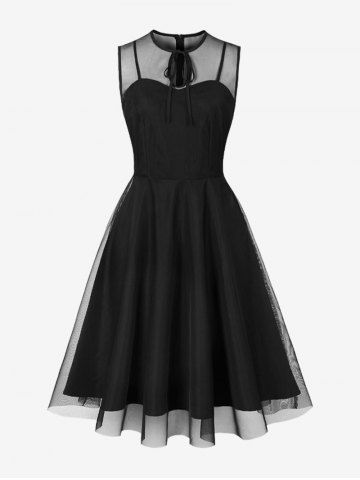 Robe Vintage Zippée en Maille Transparente à Col Noué avec Trou de Serrure - BLACK - S