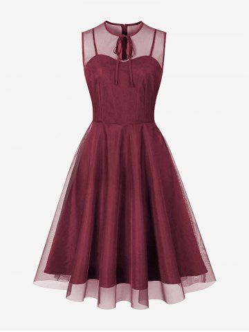 Sheer Mesh Keyhole Neck Tie Zipper Vintage Dress - DEEP RED - XXL