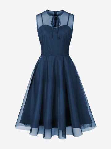 Sheer Mesh Keyhole Neck Tie Zipper Vintage Dress - BLUE - S