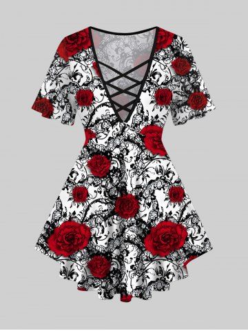 Plus Size Rose Flower Vine Print Lattice T-shirt - MULTI-A - 3X