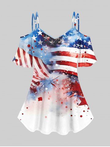 Plus Size Cold Shoulder Watercolor Ombre Patriotic American Flag Fireworks Print Cami T-shirt - MULTI-A - 5X