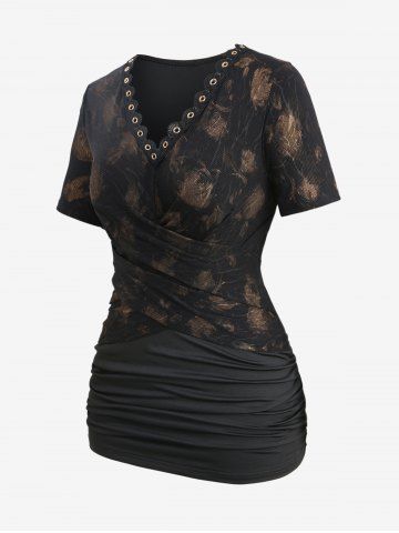 Débardeur Croisé Fleur Imprimée à Bretelle à Lacets de Grande Taille à Œillet - BLACK - M | US 10