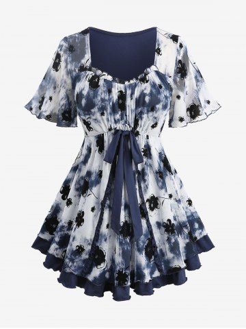 Plus Size Tie Dye Mesh Floral Flocking Tied Layered Ruched Bust Top - DEEP BLUE - L | US 12