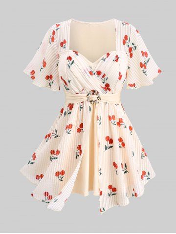 Plus Size Cherry Fruit Waffle Plaid Print Buckle Crisscross Ruched Blouse - BEIGE - 1X | US 14-16