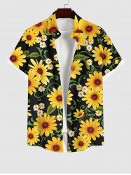 Plus Size Sunflowers Daisy Floral Leaf Print Buttons Pocket Hawaii Shirt For Men -  