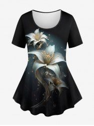 Plus Size Flowers Glitter 3D Print T-shirt -  