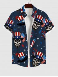 Plus Size Patriotic American Flag Skulls Hat Star Print Buttons Pocket Shirt For Men -  