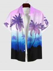 Plus Size Coconut Tree Ombre Colorblock Print Buttons Pocket Hawaii Shirt For Men -  