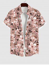 Plus Size Plum Blossoming Flowers Leaf Print Buttons Pocket Hawaii Shirt For Men -  