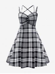 Two Tone Plaid Print Grommets Ruched Crisscross Vintage Dress -  