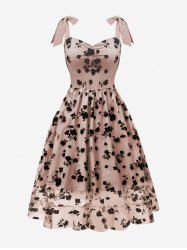 Flower Flocking Mesh Tie Ruched Tank Vintage Dress -  