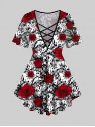 Plus Size Rose Flower Vine Print Lattice T-shirt -  
