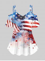 Plus Size Cold Shoulder Watercolor Ombre Patriotic American Flag Fireworks Print Cami T-shirt -  