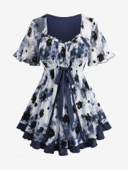 Plus Size Tie Dye Mesh Floral Flocking Tied Layered Ruched Bust Top -  