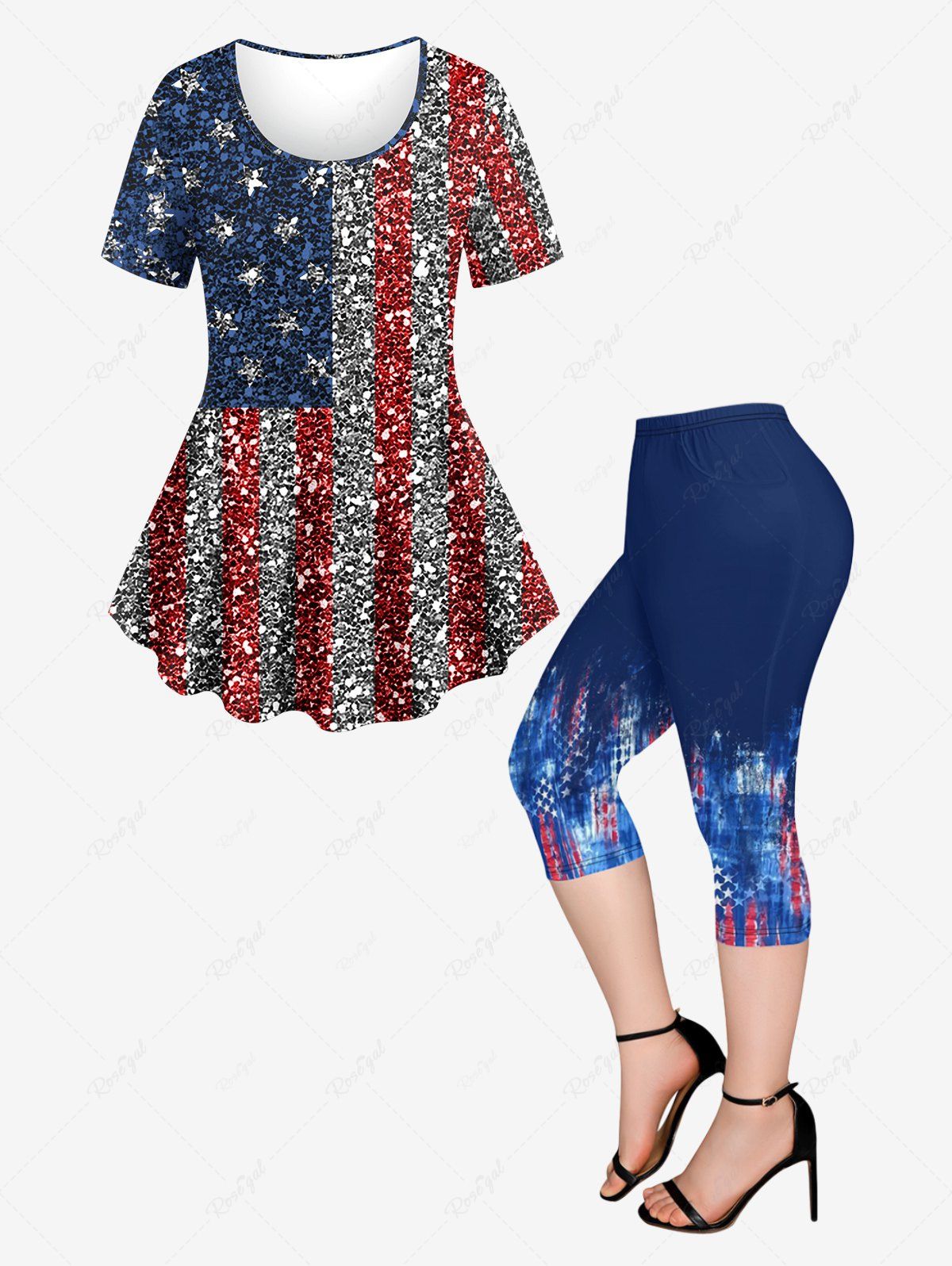 Unique American Flag Colorblock Sparkling Sequin 3D Print T-shirt and Capri Leggings Plus Size Matching Set  