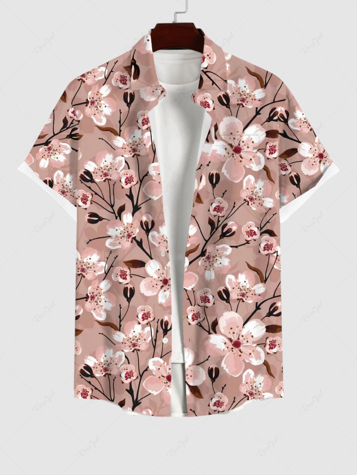 Outfit Plus Size Plum Blossoming Flowers Leaf Print Buttons Pocket Hawaii Shirt For Men  