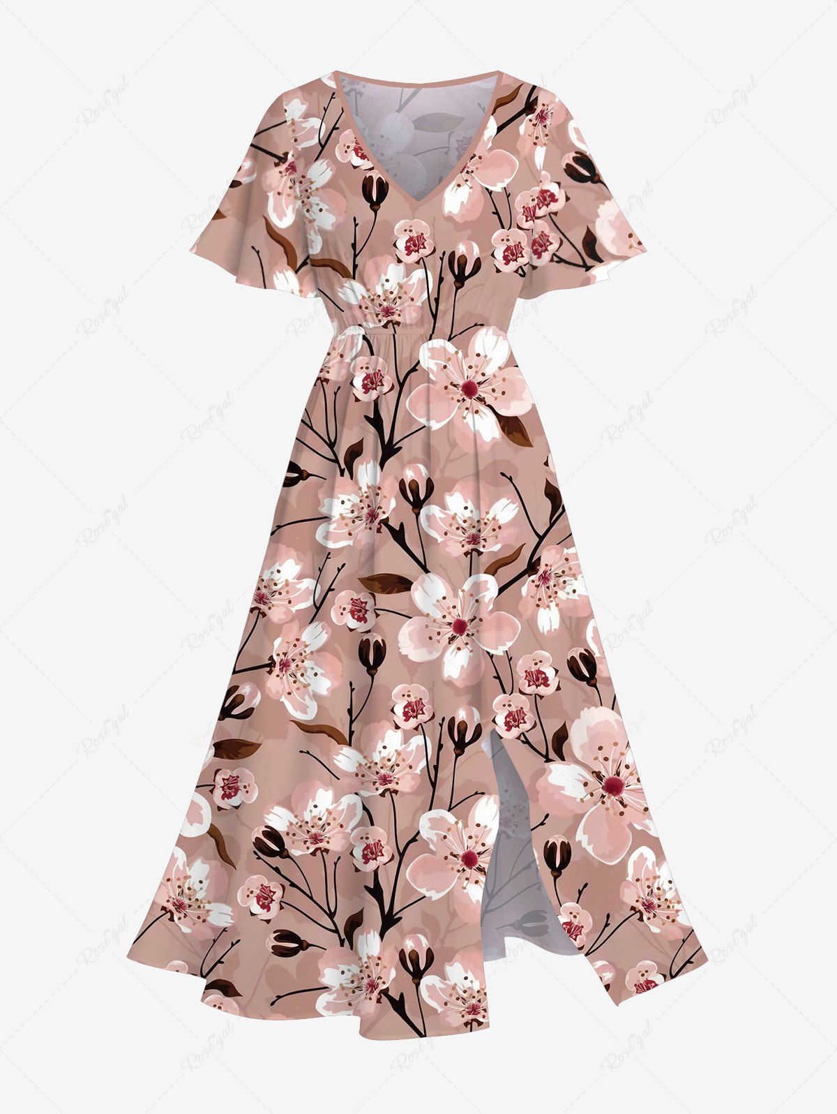 Buy Plus Size Plum Blossoming Flowers Leaf Print Hawaii Split Midi Dress  