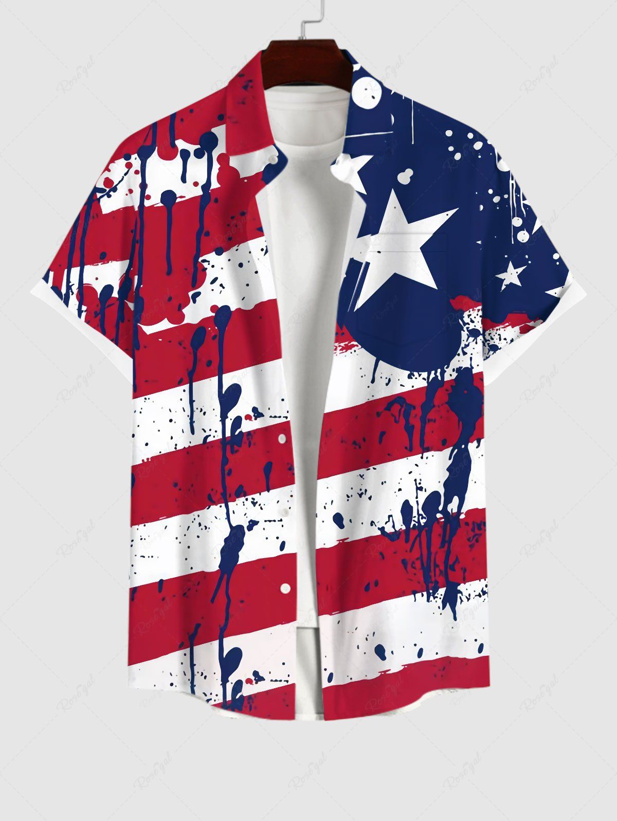 Sale Plus Size Painting Splatter Patriotic American Flag Print Button Pocket Shirt For Men  