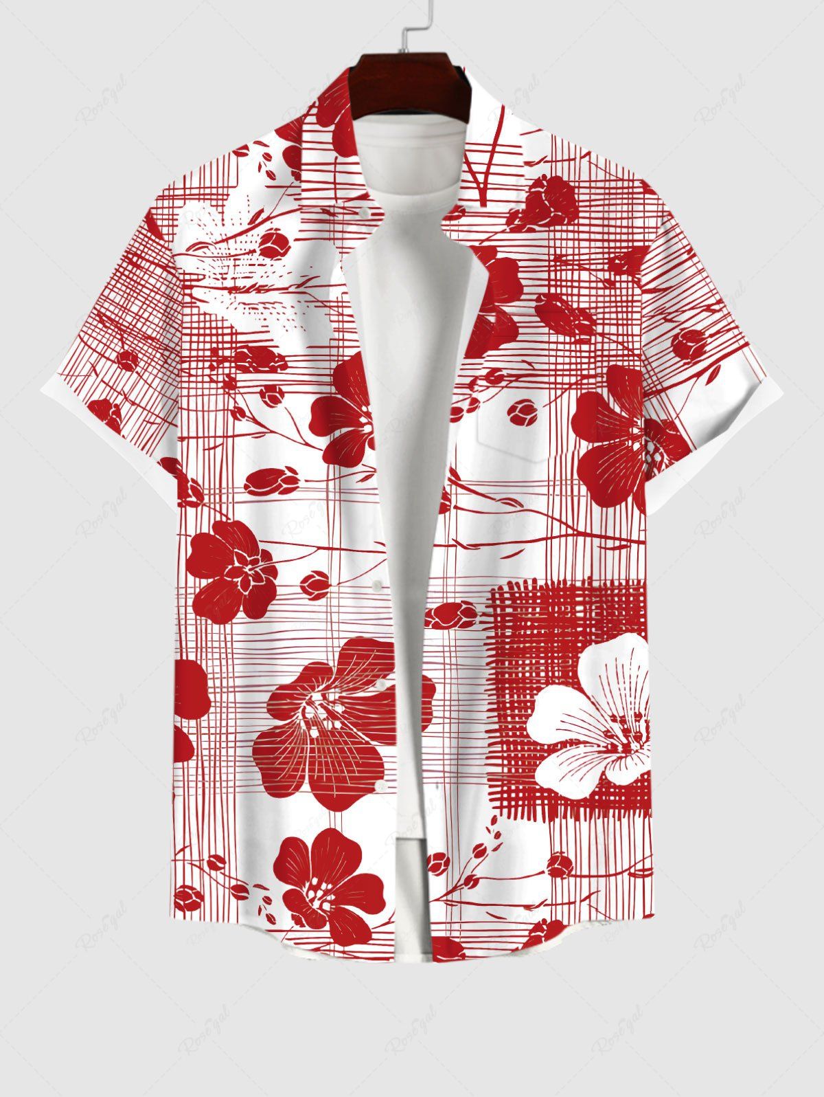 Cheap Plus Size Floral Line Braided Print Hawaii Button Pocket Shirt For Men  