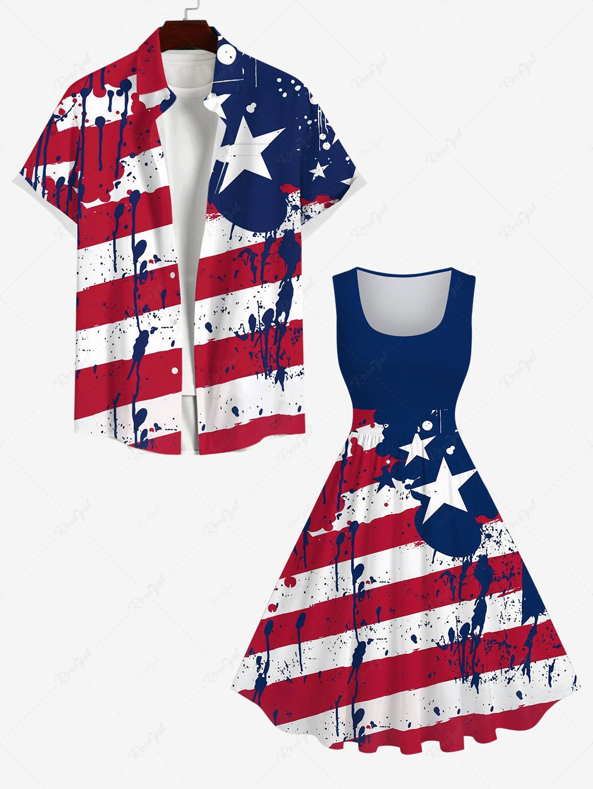 Affordable Painting Splatter Patriotic American Flag Print Plus Size Matching Set For Couples  