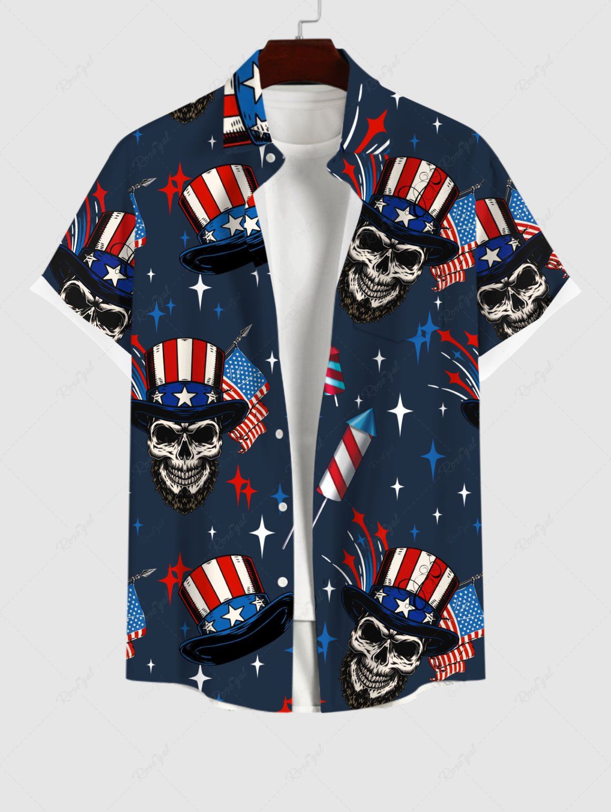Hot Plus Size Patriotic American Flag Skulls Hat Star Print Buttons Pocket Shirt For Men  