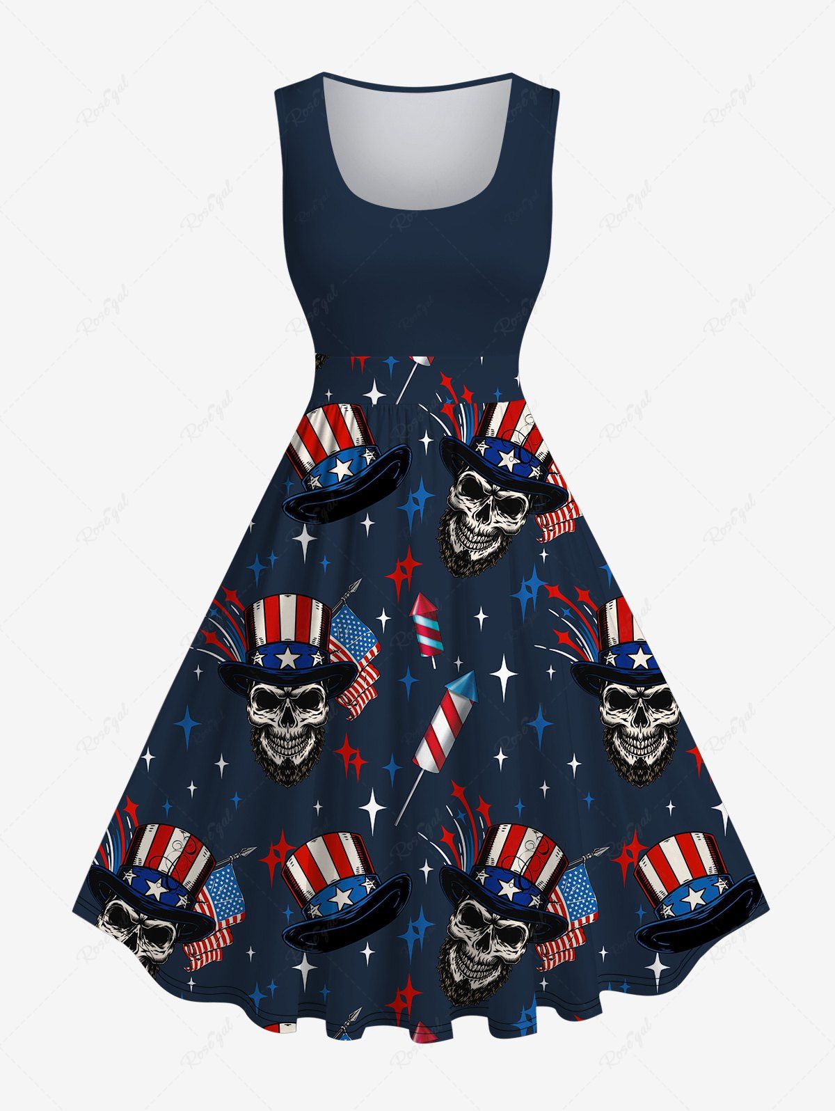 Outfits Plus Size Patriotic American Flag Skulls Hat Star Print 1950s Vintage Dress  