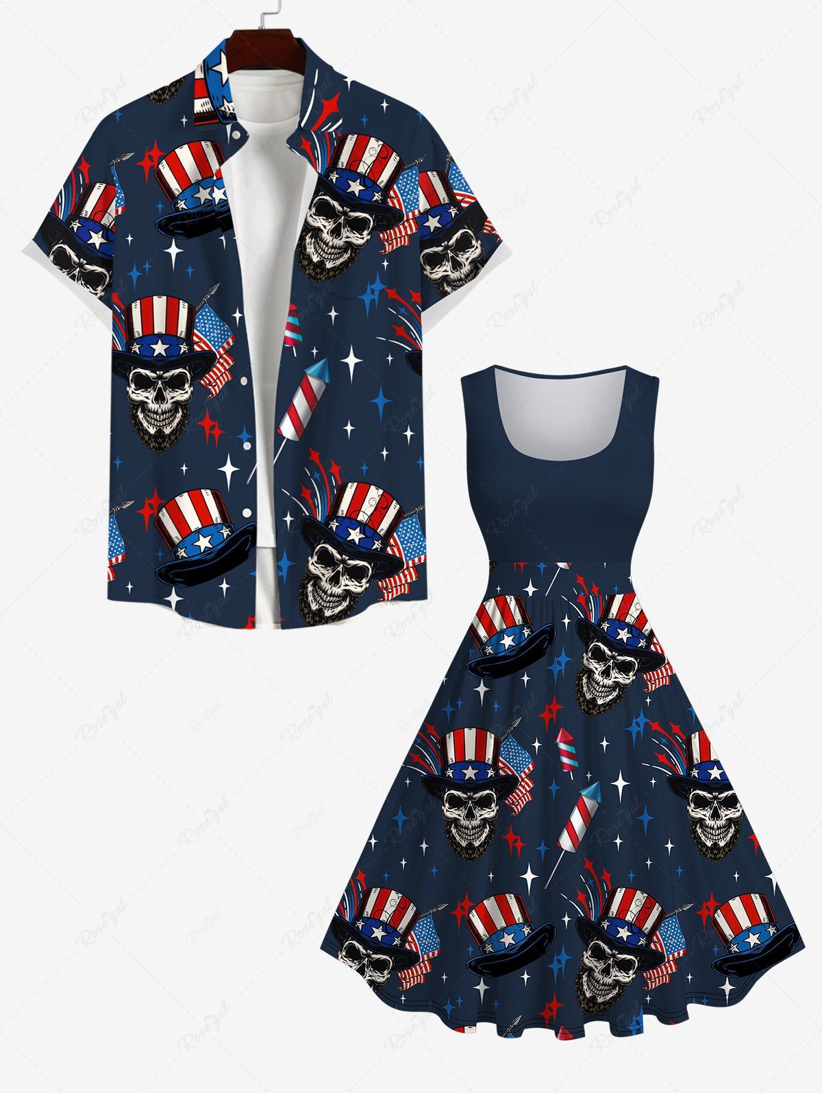 Hot Patriotic American Flag Skulls Hat Star Print Plus Size Matching Outfit For Couples  