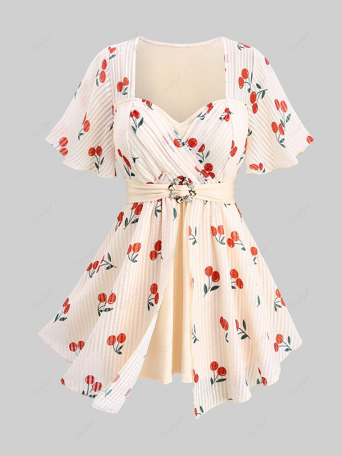 Shops Plus Size Cherry Fruit Waffle Plaid Print Buckle Crisscross Ruched Blouse  
