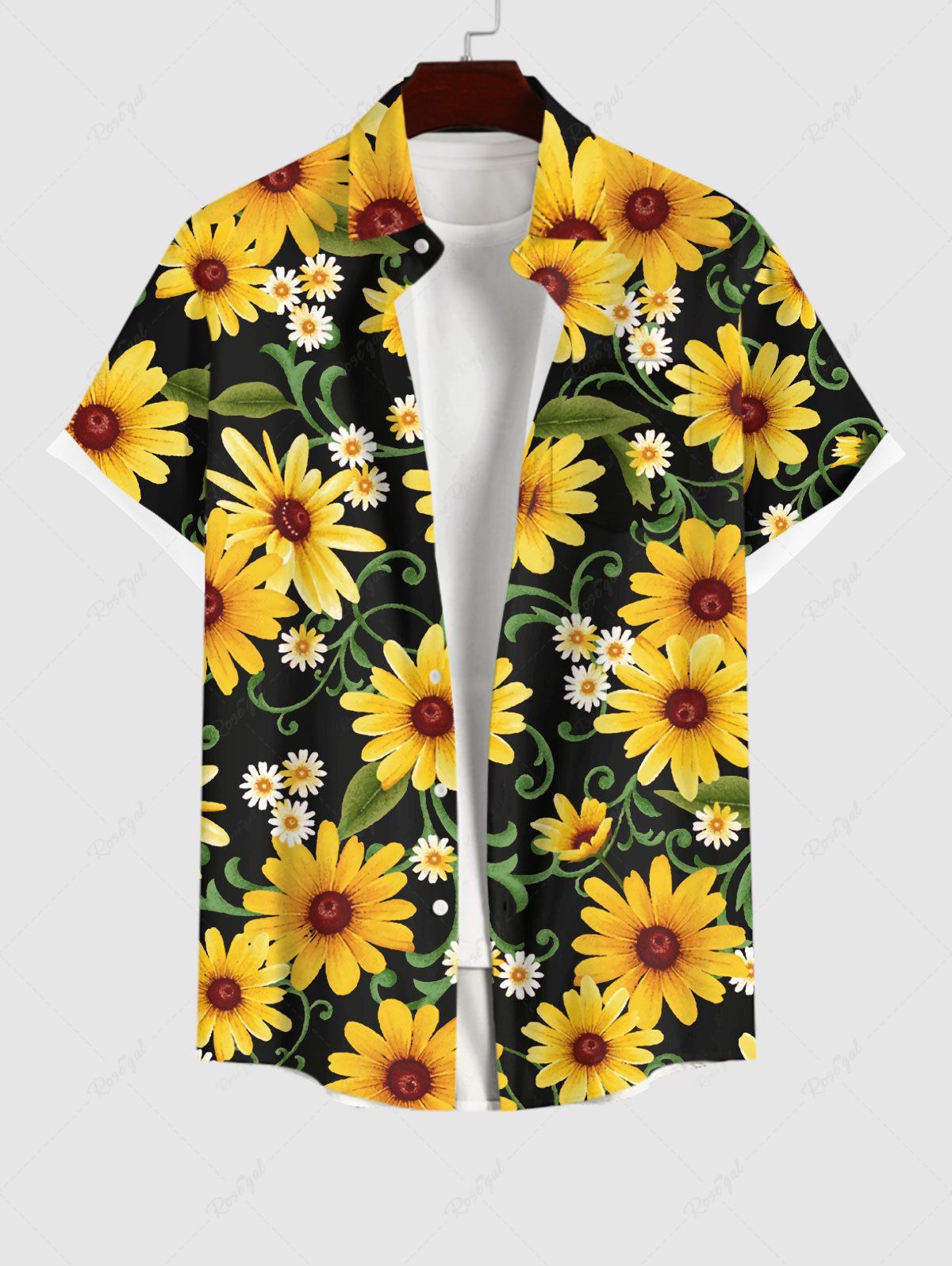 Unique Plus Size Sunflowers Daisy Floral Leaf Print Buttons Pocket Hawaii Shirt For Men  