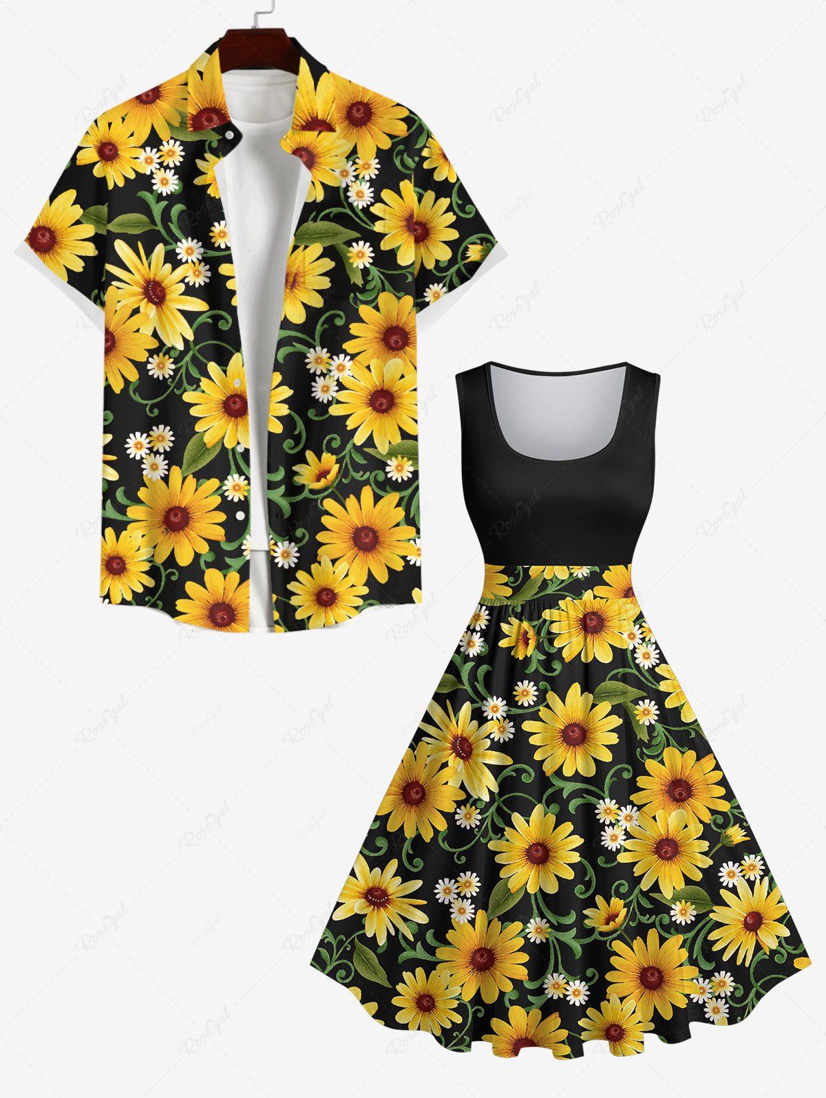 Discount Sunflowers Daisy Floral Leaf Print Plus Size Matching Hawaii Beach Outfit For Couples  