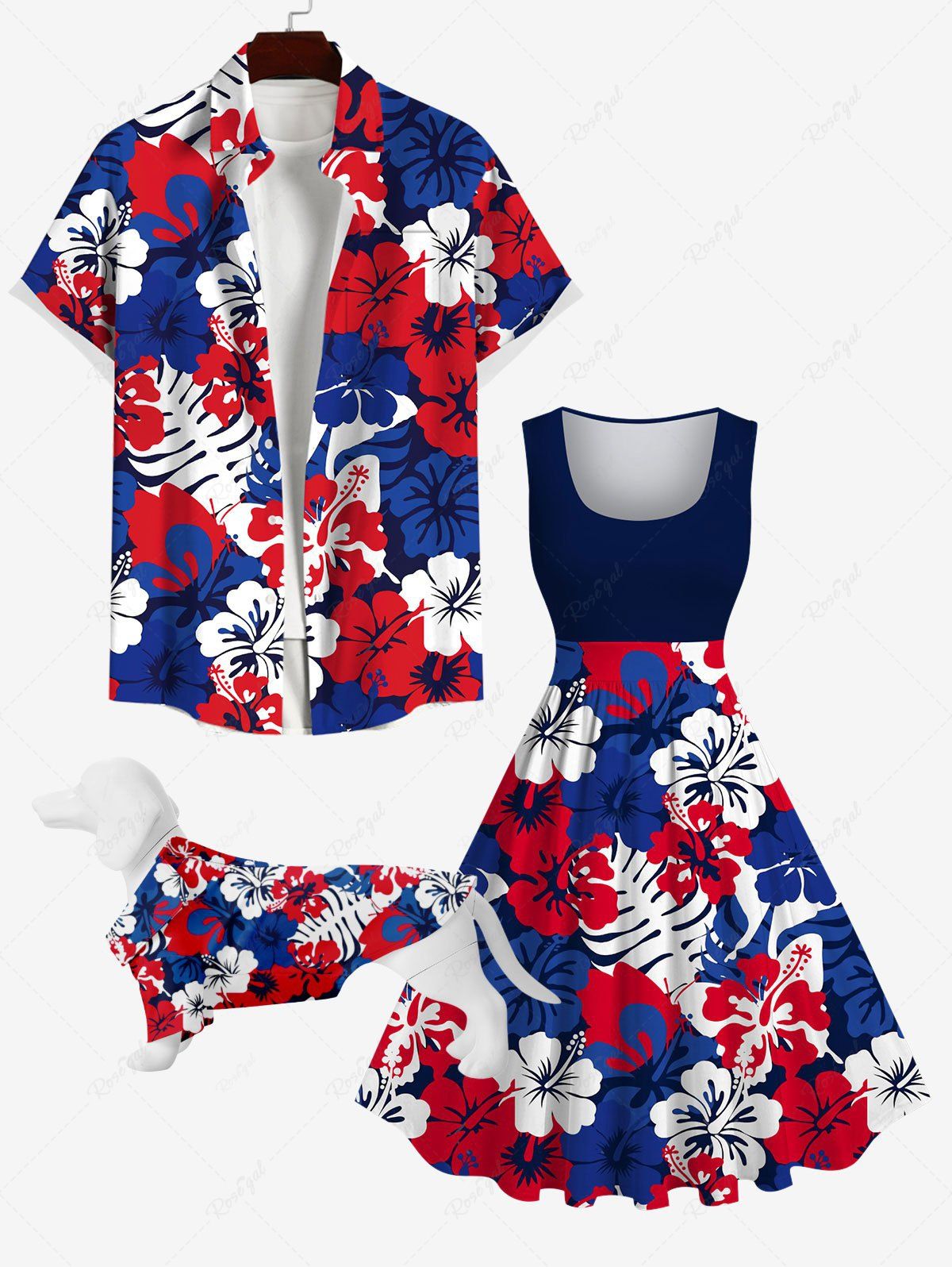 Fashion Tropical Hibiscus Flower Palm Tree Leaf Print Hawaii Dog and Owner Matching Outfits  