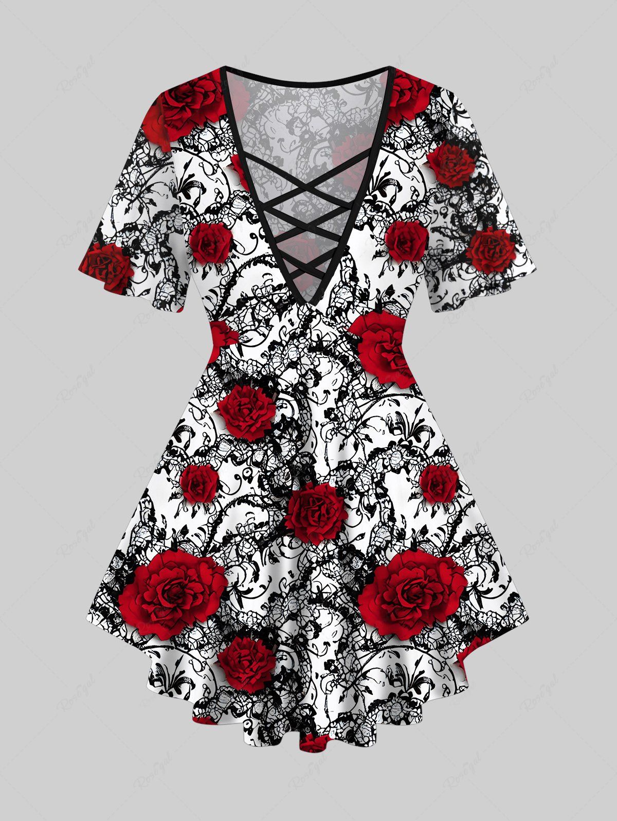 Shop Plus Size Rose Flower Vine Print Lattice T-shirt  