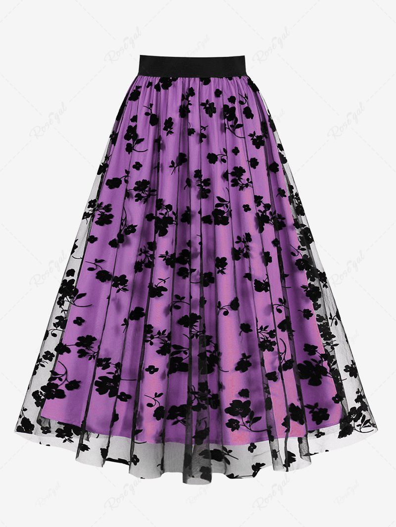 Discount Plus Size Floral Leaf Flocking Mesh Skirt  