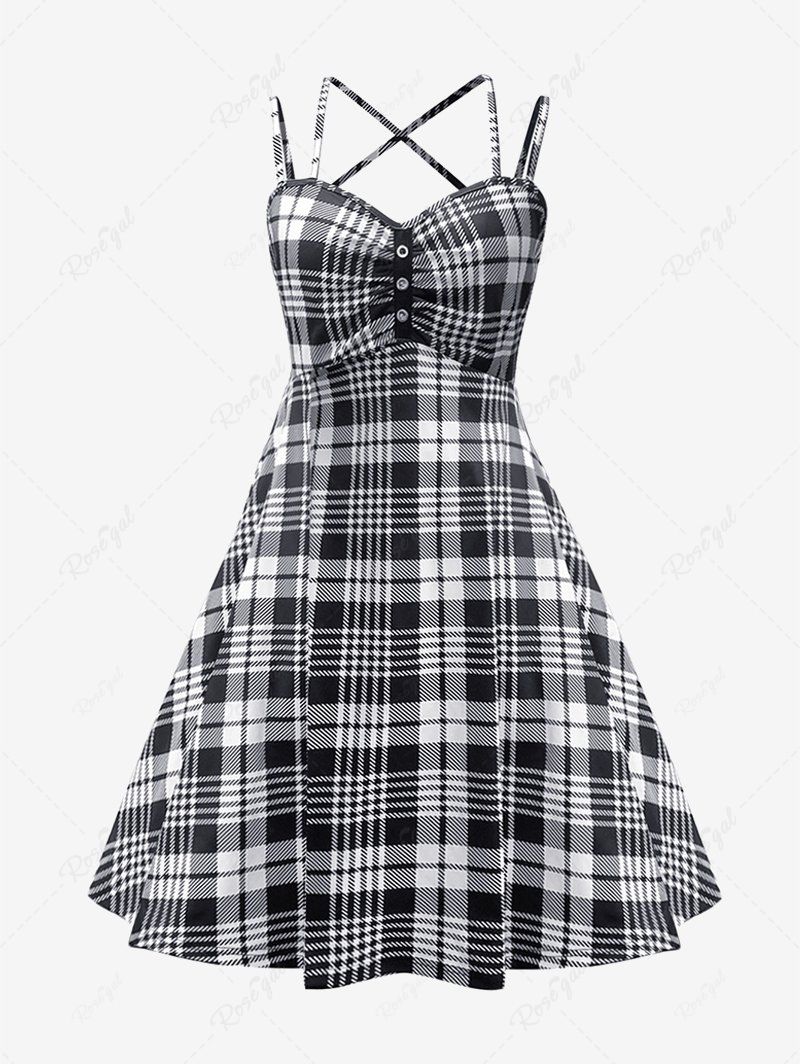 Trendy Two Tone Plaid Print Grommets Ruched Crisscross Vintage Dress  