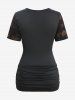 Plus Size Tie Dye Flower Printed Crossover Ruched Lace Trim Grommet Top -  