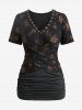 Plus Size Tie Dye Flower Printed Crossover Ruched Lace Trim Grommet Top -  