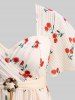 Plus Size Cherry Fruit Waffle Plaid Print Buckle Crisscross Ruched Blouse -  