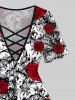 Plus Size Rose Flower Vine Print Lattice T-shirt -  